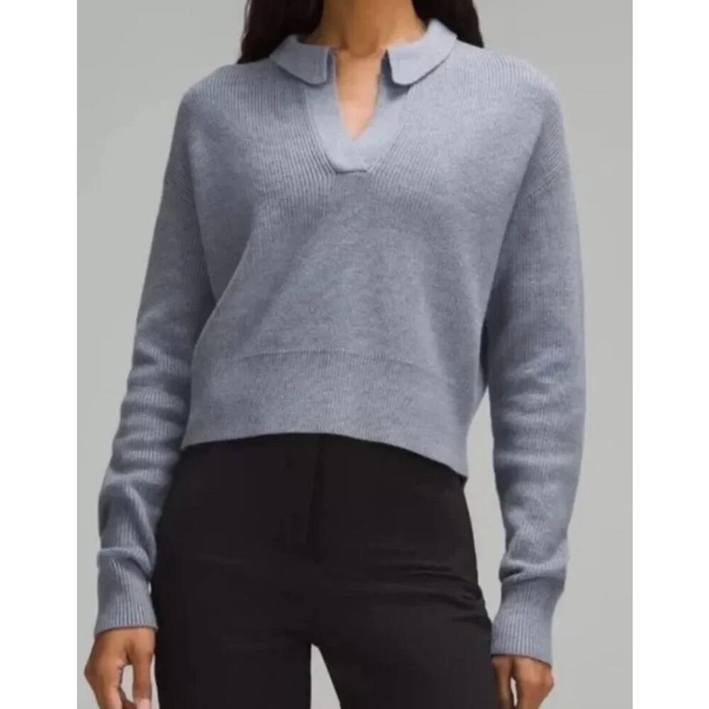 Lululemon Blue/Gray Collared Merino Wool Blend Crop M Sweater Athleisure